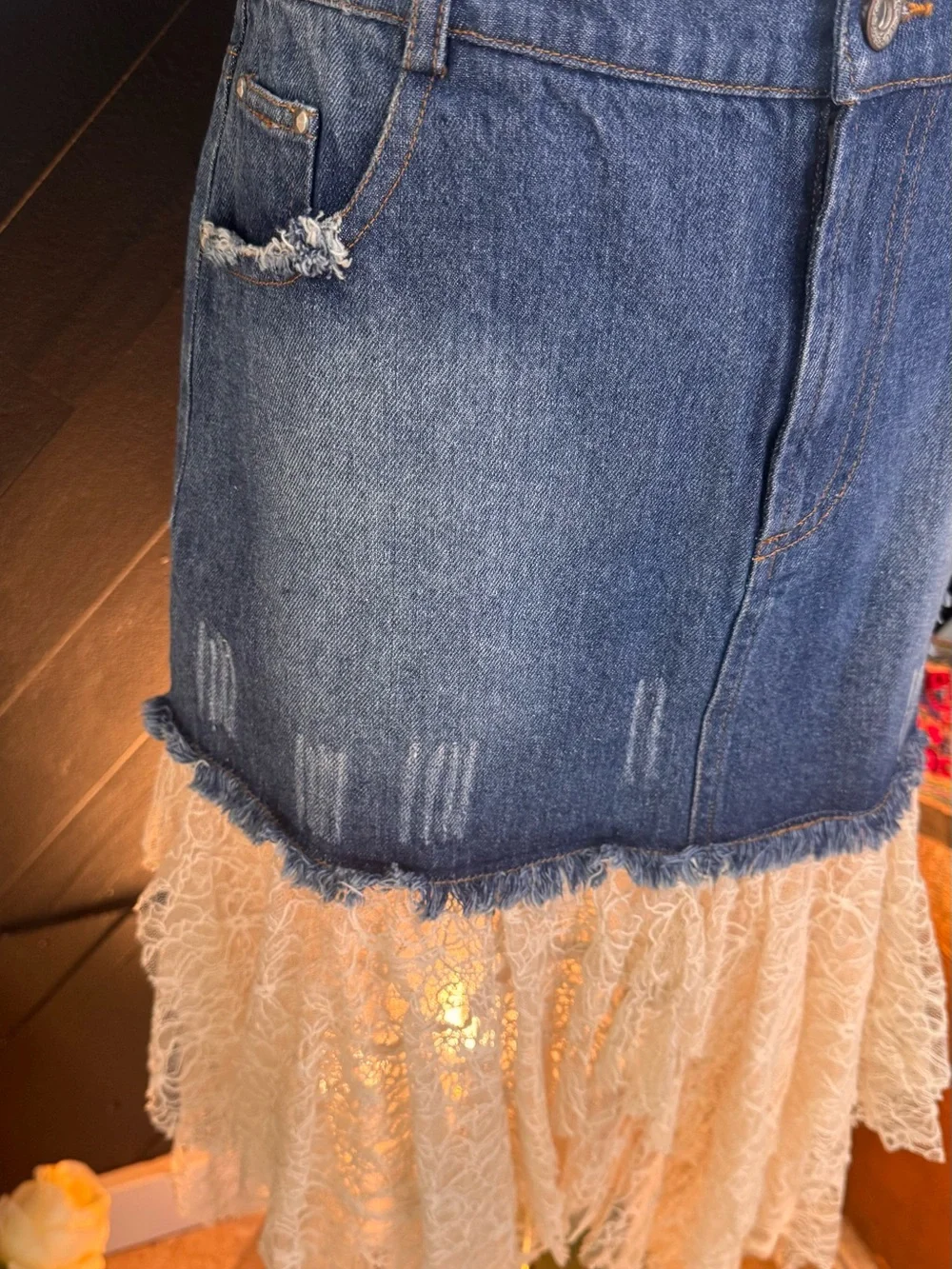 POL Clothing Blue Denim & Cream Lace High-Low Skirt - Picture 8 of 11